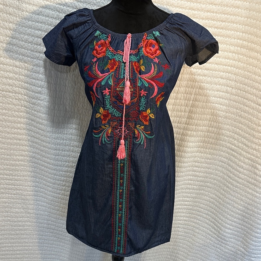 Navy Floral Embroidered On Off Shoulder Mini Dress Size Small